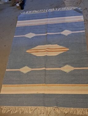 Light Blue Mid Century Scandinavian Flatweave Rug with Cream & Tan Motifs